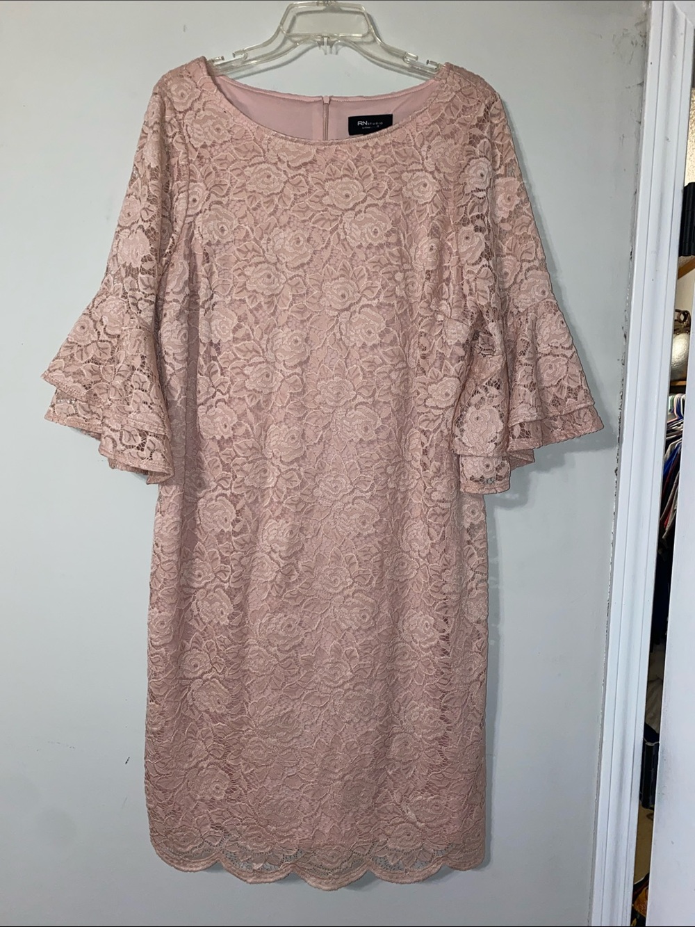 Ronni Nicole Blush Pink Lace Midi Dress with Tiered Bell Sleeves